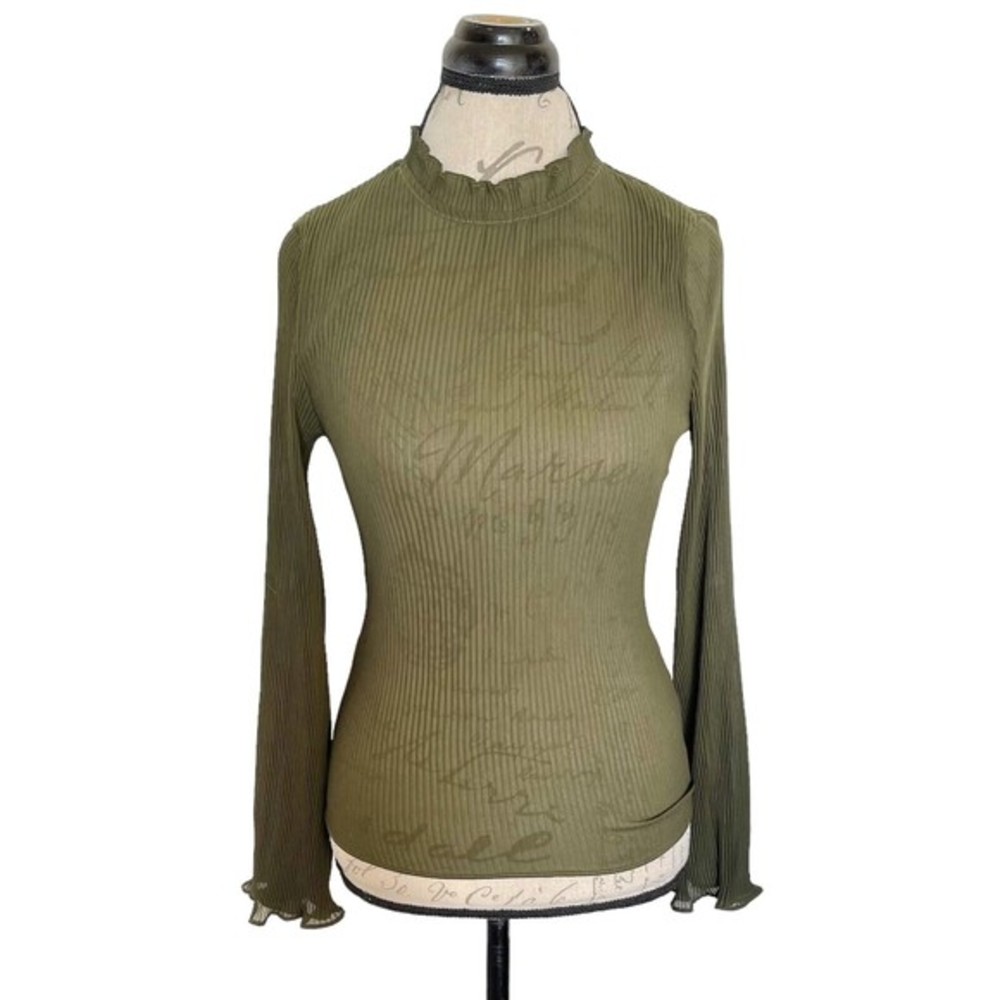 La Bella Vida Womens Blouse Top Accordion Long Sleeve Olive Green Size Small